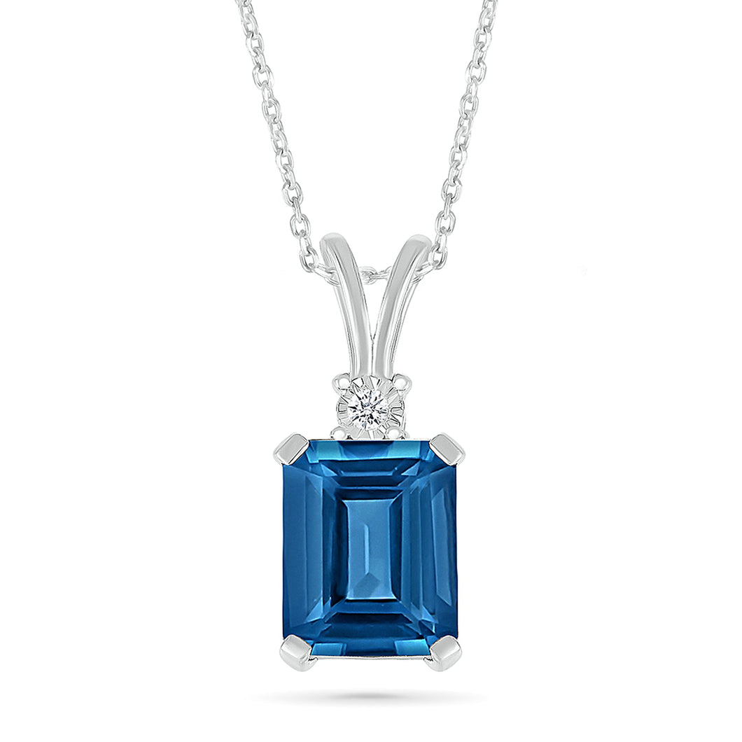 Emerald-Shaped London Blue Topaz and Diamond Accent White Gold Pendant Necklace