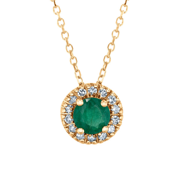 Emerald and 1/15ctw Diamond Halo Yellow Gold Pendant Necklace
