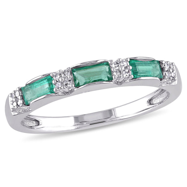 Emerald and 1/15ctw Diamond White Gold Stackable Ring | Size 4.5