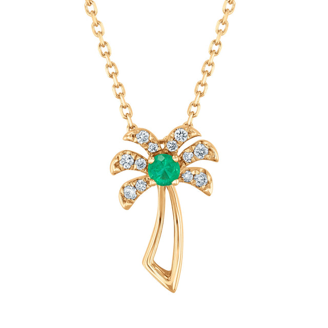 Emerald and 1/20ctw Diamond Palm Tree Yellow Gold Pendant Necklace