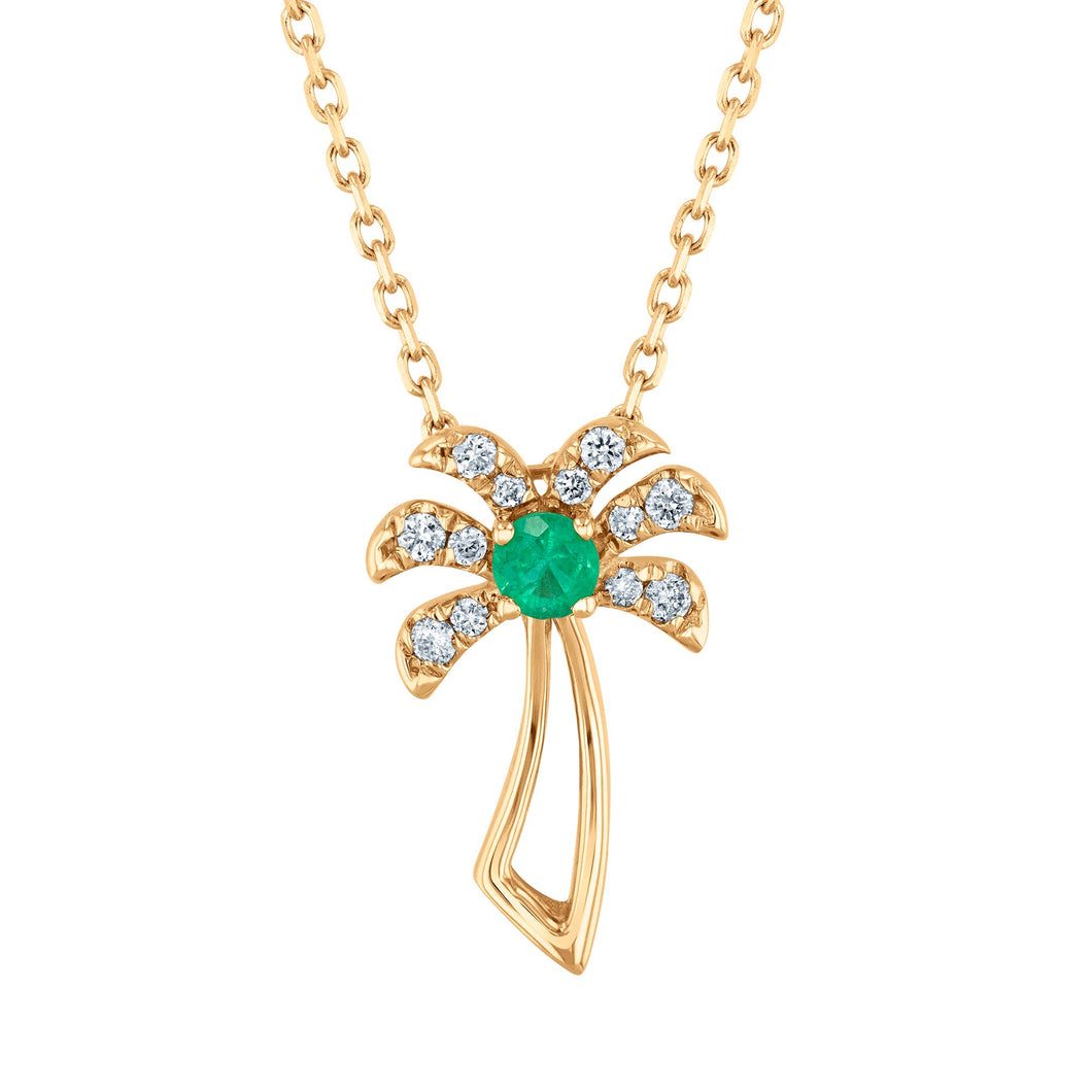 Emerald and 1/20ctw Diamond Palm Tree Yellow Gold Pendant Necklace