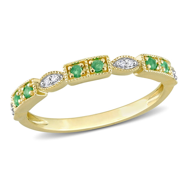 Emerald and 1/20ctw Diamond Vintage-Inspired Yellow Gold Stackable Ring | Size 6