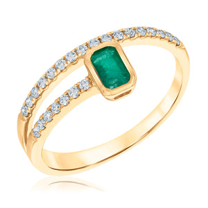 Emerald and 1/5ctw Diamond Asymmetrical Yellow Gold Ring