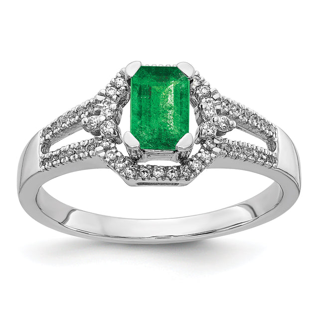 Emerald and 1/6ctw Diamond Accent White Gold Ring | Size 5