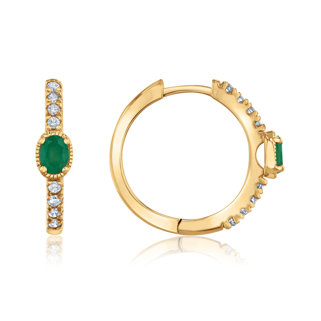 Emerald and 1/6ctw Diamond Yellow Gold Huggie Hoop Earrings