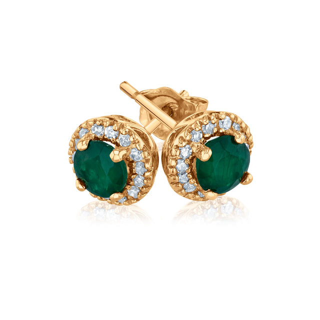 Emerald and 1/7ctw Diamond Halo Yellow Gold Stud Earrings