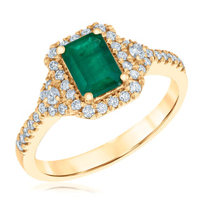 Emerald and 3/8ctw Diamond Halo Yellow Gold Ring