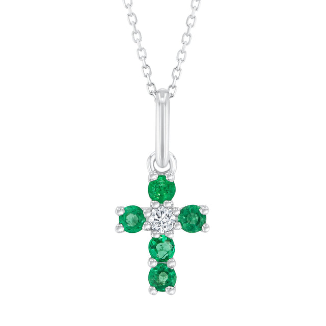 Emerald and Diamond Accent White Gold Cross Necklace - Watercolor Collection
