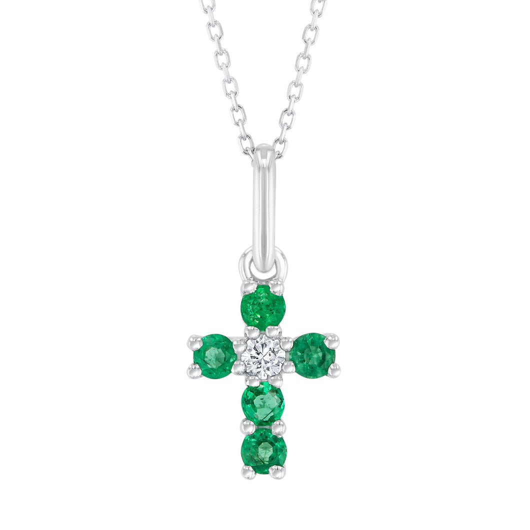 Emerald and Diamond Accent White Gold Cross Necklace - Watercolor Collection