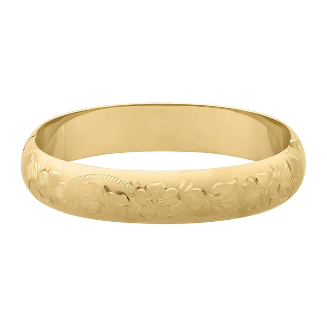 Engraved Floral Pattern Gold Filled Bangle Bracelet | 12mm