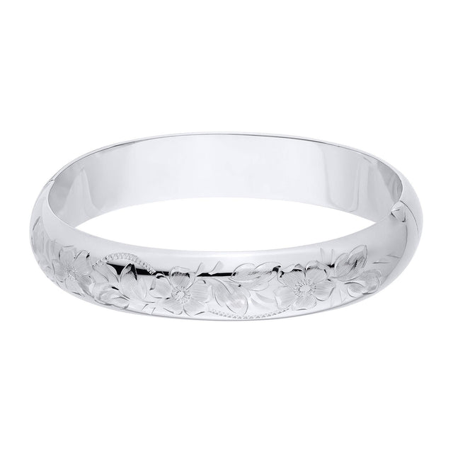 Engraved Floral Pattern Sterling Silver Bangle Bracelet | 12mm