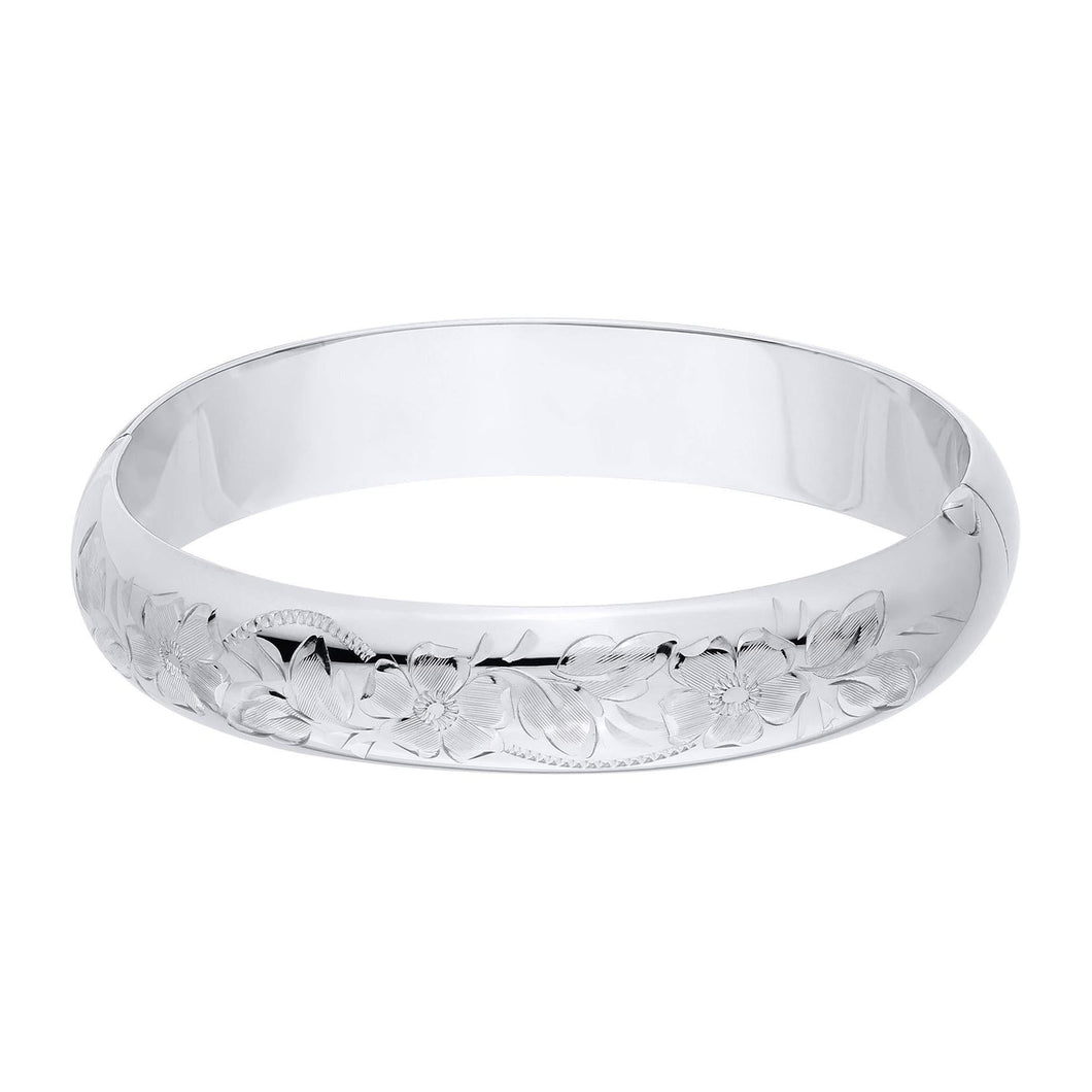 Engraved Floral Pattern Sterling Silver Bangle Bracelet | 12mm