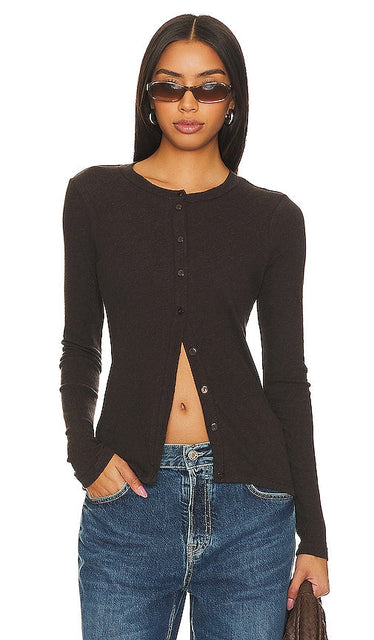 Enza Costa Cashmere Long Sleeve Cardigan in Brown - Enza Costa Cardigan à manches longues en cachemire en marron - Enza Costa 棕色羊绒长袖开衫 - Enza Costa Kaschmir-Langarm-Cardigan in Braun - Enza Costa 캐시미어 긴소매 가디건브라운 색상 - Cardigan a maniche lunghe in cashmere Enza Costa in marrone