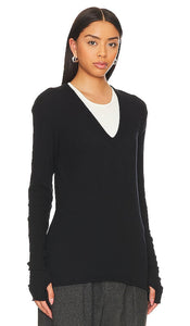 Enza Costa Cashmere Loose V Sweater in Black