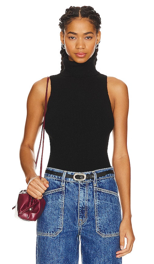 Enza Costa Rib Sleeveless Turtleneck Sweater in Black - Enza Costa Pull à col roulé sans manches côtelé en noir - Enza Costa 黑色罗纹无袖高领毛衣 - Enza Costa Rib ärmelloser Rollkragenpullover in Schwarz - Enza Costa 립 슬리브리스 터틀넥 스웨터블랙 색상 - Maglione dolcevita senza maniche a costine Enza Costa in nero