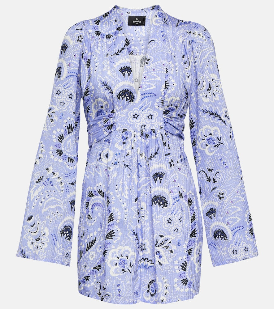 Etro V-neck printed cotton-blend minidress. Etro V领印花棉混纺迷你连衣裙