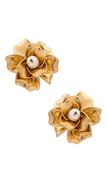 Ettika Flower And Pearl Earrings in Metallic Gold