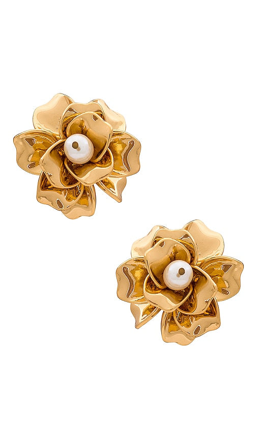Ettika Flower And Pearl Earrings in Metallic Gold