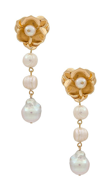 Ettika Pearl And Flower Earrings in Metallic Gold