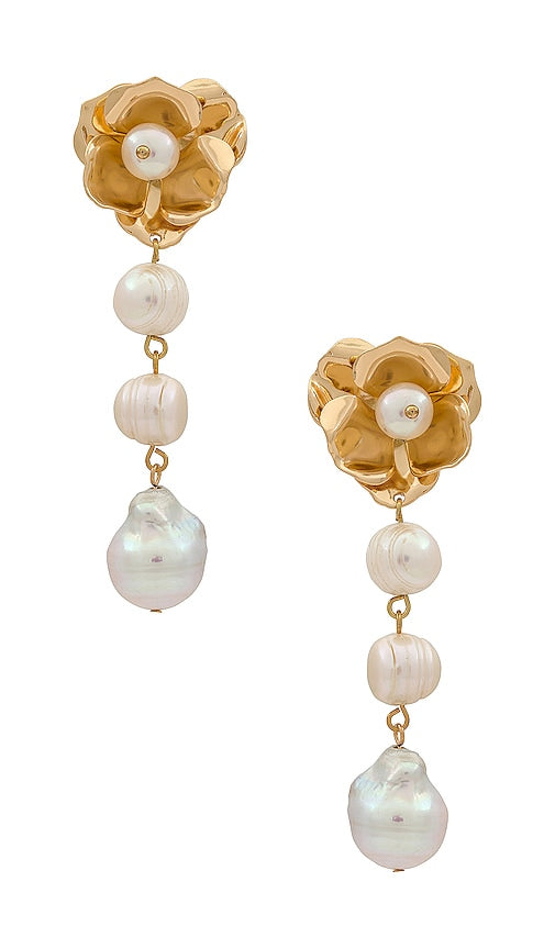 Ettika Pearl And Flower Earrings in Metallic Gold