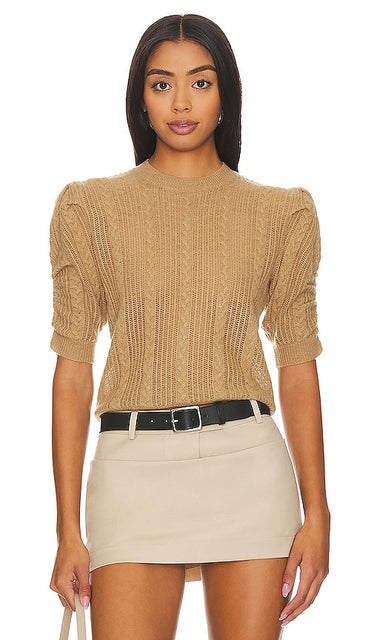 FRAME Ruched Sleeve Sweater in Beige - FRAME Pull à manches froncées en beige - FRAME 米色褶饰袖毛衣 - FRAME Pullover mit gerafften Ärmeln in Beige - FRAME 셔링 슬리브 스웨터 베이지색 - Maglione con maniche arricciate FRAME in beige