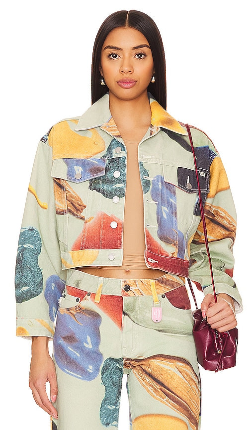 FIORUCCI Paint Print Cropped Denim Jacket in Sage