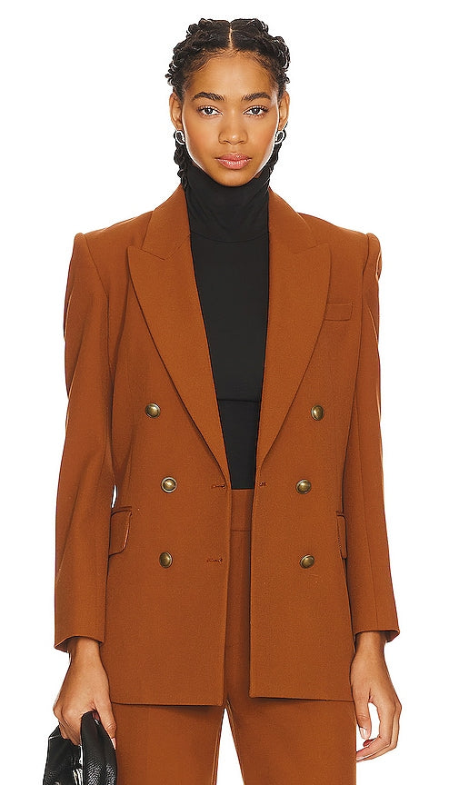 FRAME Double Breasted Slim Blazer in Cognac - FRAME Blazer slim croisé à double boutonnage en cognac - FRAME 干邑色双排扣修身西装外套 - FRAME Zweireihiger schmaler Blazer in Cognac - FRAME 더블 브레스티드 슬림 블레이저 코냑 색상 - FRAME Blazer slim doppiopetto in cognac