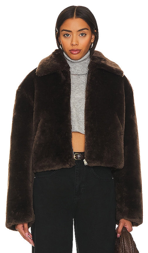 FRAME Faux Fur Zip Up Jacket in Chocolate
