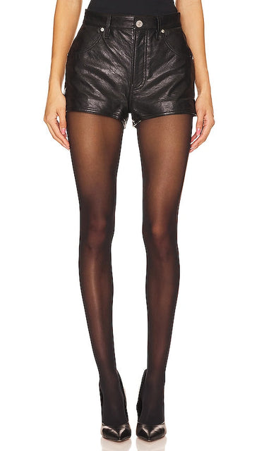 FRAME Side Slit Leather Short in Black - FRAME Short en cuir à fente latérale en noir - 黑色 FRAME 侧开衩皮革短裤 - FRAME Ledershorts mit seitlichem Schlitz in Schwarz - FRAME 사이드 슬릿 가죽 쇼트블랙 색상 - TELAIO Pantaloncini in pelle con spacco laterale in nero