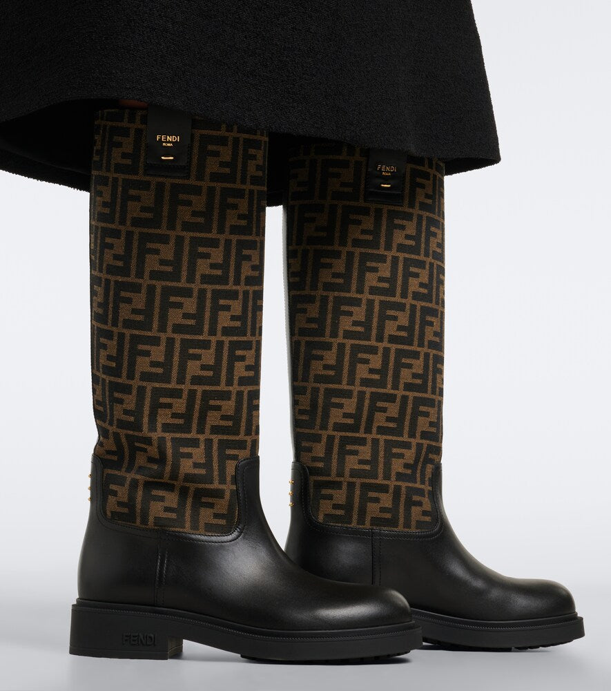 Fendi Fendi Filo canvas and leather knee-high boots (Black) - Flat Boots