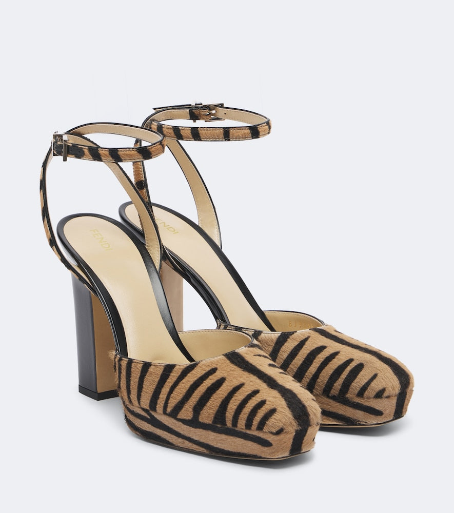 Brown Fendi Tiger-print calf hair platform pumps - High-Heel Pumps