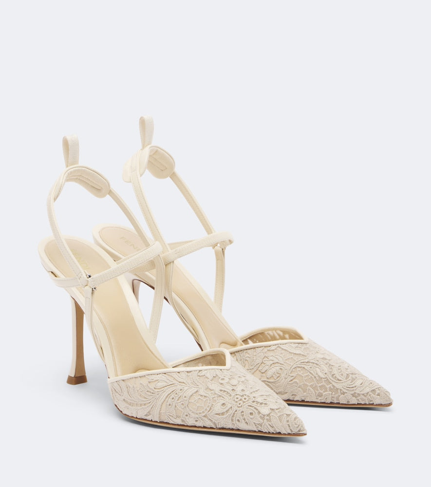 White Fendi Very Colibri floral lace slingback pumps - High-Heel Pumps