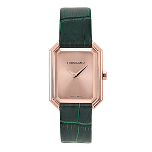 Ferragamo Crystal Rose Gold-Tone Dial Green Leather Strap Watch 26.5x33.5mm - SFS800224