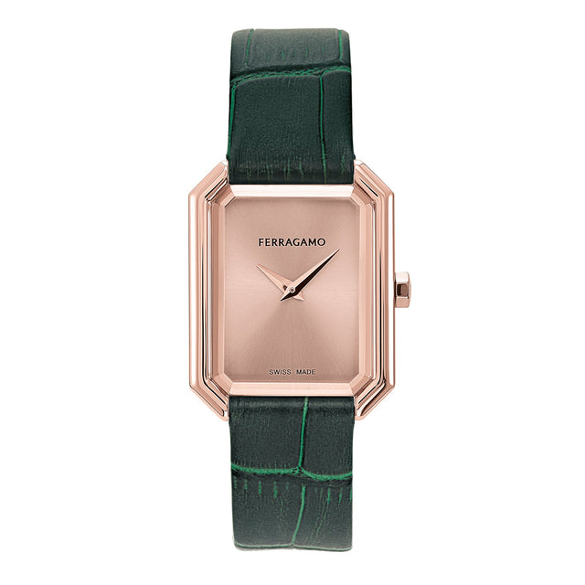 Ferragamo Crystal Rose Gold-Tone Dial Green Leather Strap Watch 26.5x33.5mm - SFS800224