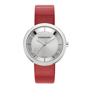 Ferragamo Curve V2 Silver Dial Red Patent Leather Strap Watch 35mm - SFSH00124