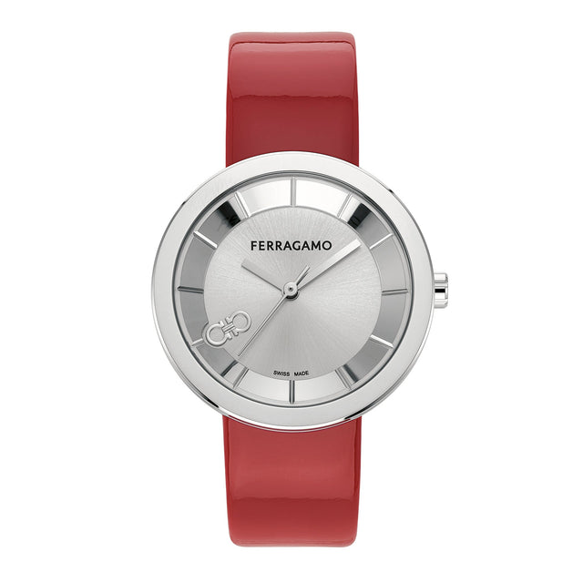 Ferragamo Curve V2 Silver Dial Red Patent Leather Strap Watch 35mm - SFSH00124