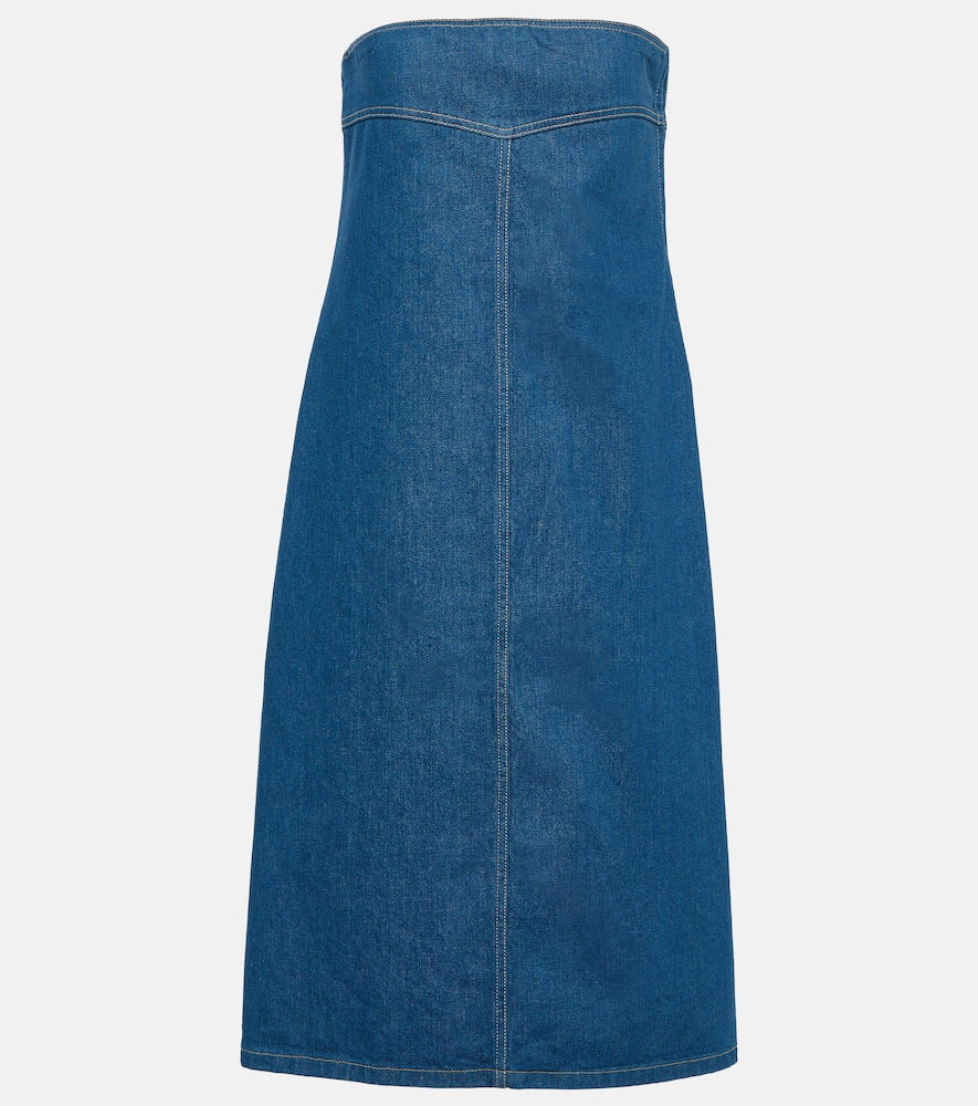 Ferragamo Strapless denim midi dress. Ferragamo 无肩带牛仔中长连衣裙