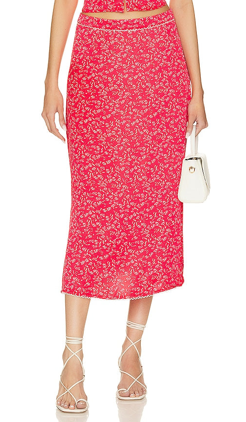 For Love & Lemons Barbera Midi Skirt in Red - For Love & Lemons - Jupe mi-longue Barbera en rouge - For Love & Lemons Barbera 红色中长半身裙 - For Love & Lemons Barbera Midirock in Rot - For Love & Lemons 바베라 미디 스커트 - Gonna longuette Barbera For Love & Lemons in rosso