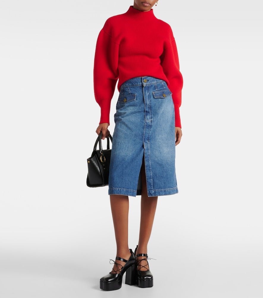 Frame The Vent Front high-rise denim midi skirt