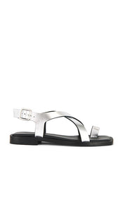Freda Salvador Paxton Sandal in Metallic Silver, grey | Silver Flat Sandals for Women