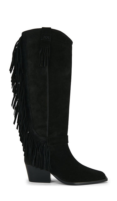 Free People Faith Fringe Western Boot in Black | Faded Black Knee-High Boots for Women