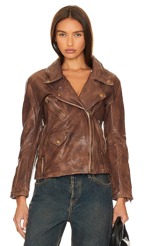 Free People Jealousy Leather Moto Jacket in Brown
