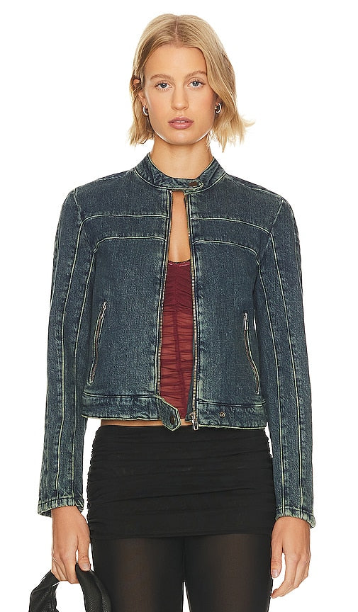 Free People x We The Free Fast Lane Denim Moto Jacket in Blue - Free People x We The Free Fast Lane - Veste moto en jean - Bleu - Free People x We The Free Fast Lane 蓝色牛仔机车夹克 - Free People x We The Free Fast Lane Jeans-Motorradjacke in Blau - Free People x We The Free Fast Lane 데님 모토 재킷 블루 색상 - Free People x We La giacca da moto in denim Free Fast Lane in blu