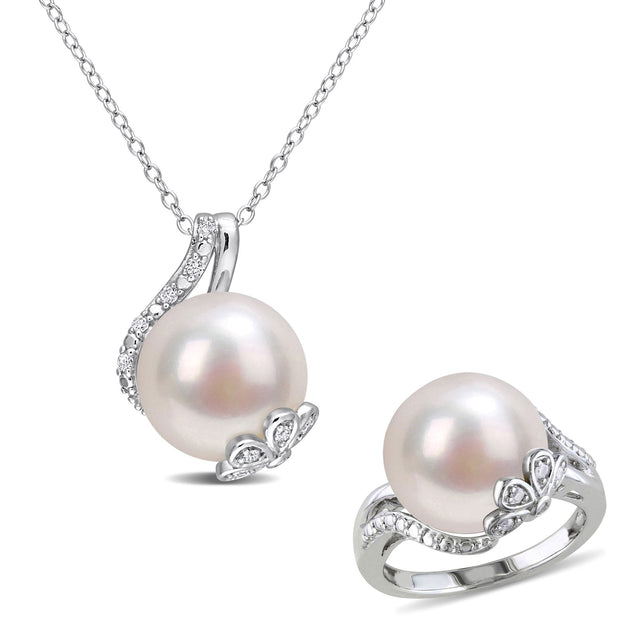 Fresh Water Cultured Pearl and 1/6ctw Diamond Sterling Silver Ring and Pendant Necklace Set | Size 5