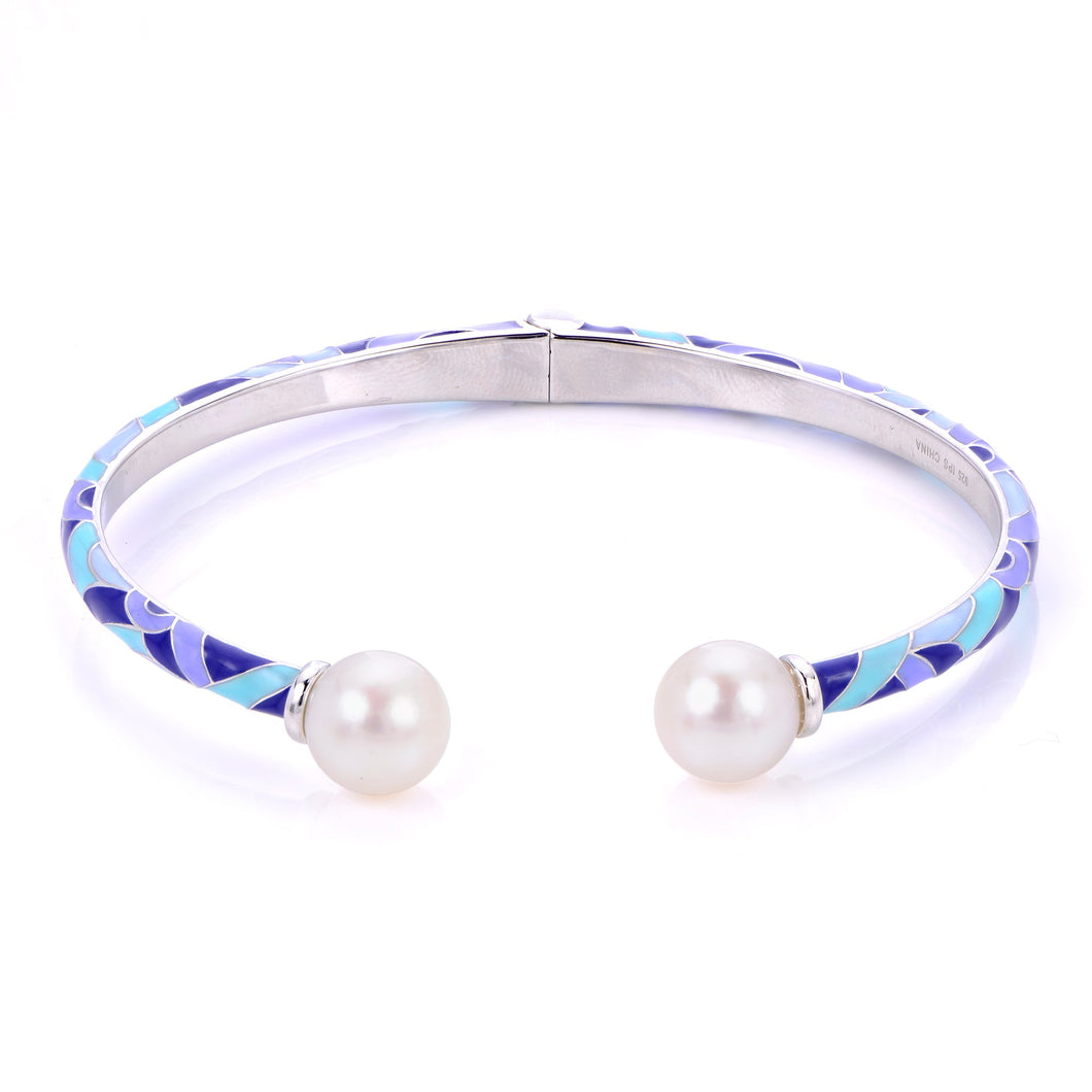 Fresh Water Cultured Pearl and Multi Blue Hue Enamel Sterling Silver Bangle Bracelet