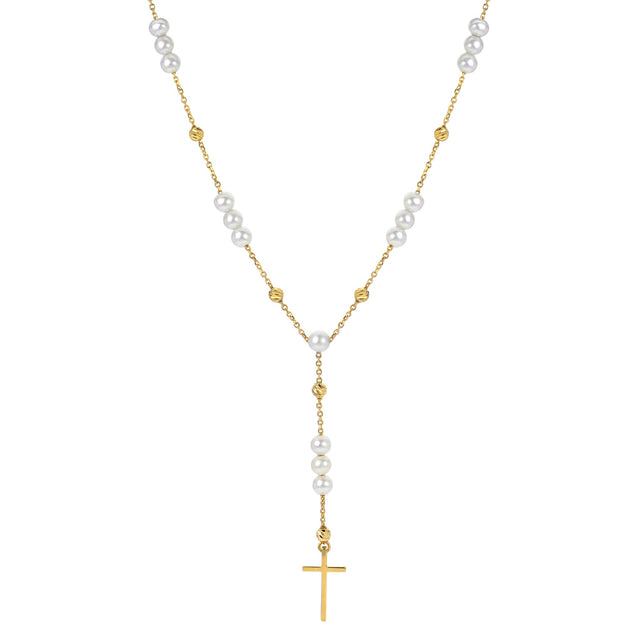 Freshwater Cultured Pearl, Brilliance Bead, and Cross Gold-Plated Y Necklace
