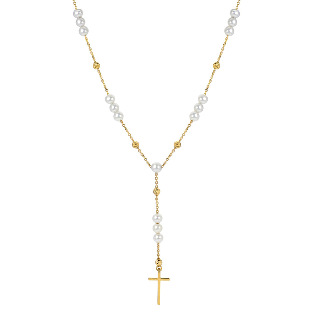 Freshwater Cultured Pearl, Brilliance Bead, and Cross Gold-Plated Y Necklace