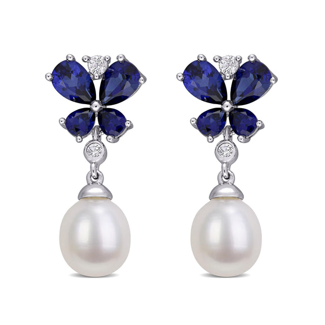 Freshwater Cultured Pearl, Created Blue Sapphire, and Created White Sapphire Drop Earrings