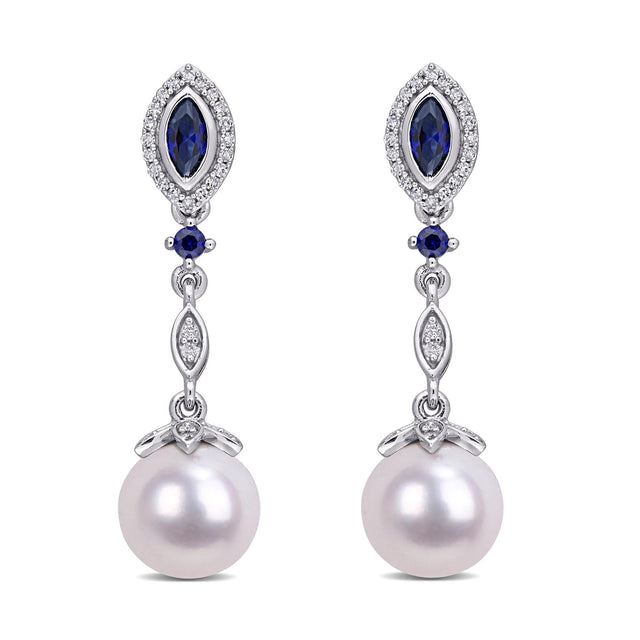Freshwater Cultured Pearl, Created Blue Sapphire, and Diamond Earrings 1/5ctw