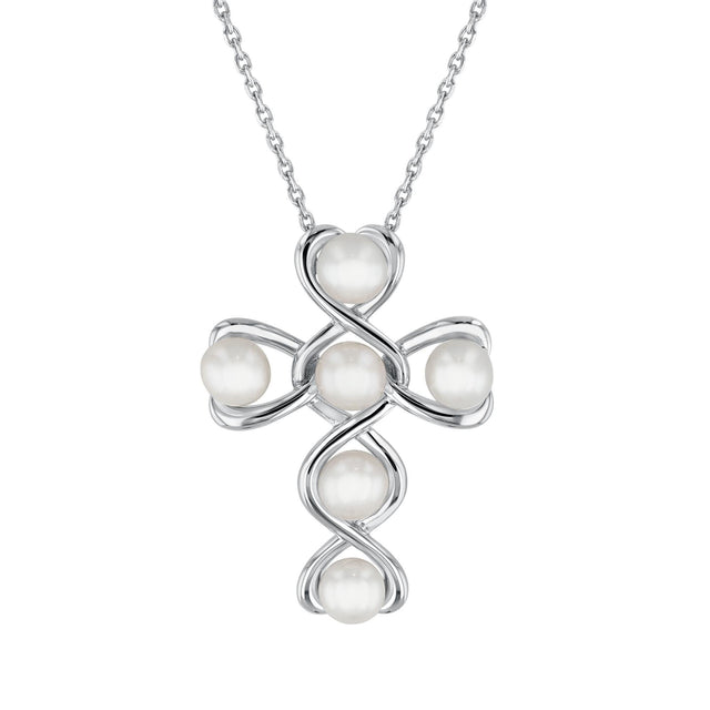 Freshwater Cultured Pearl Cross Sterling Silver Pendant Necklace